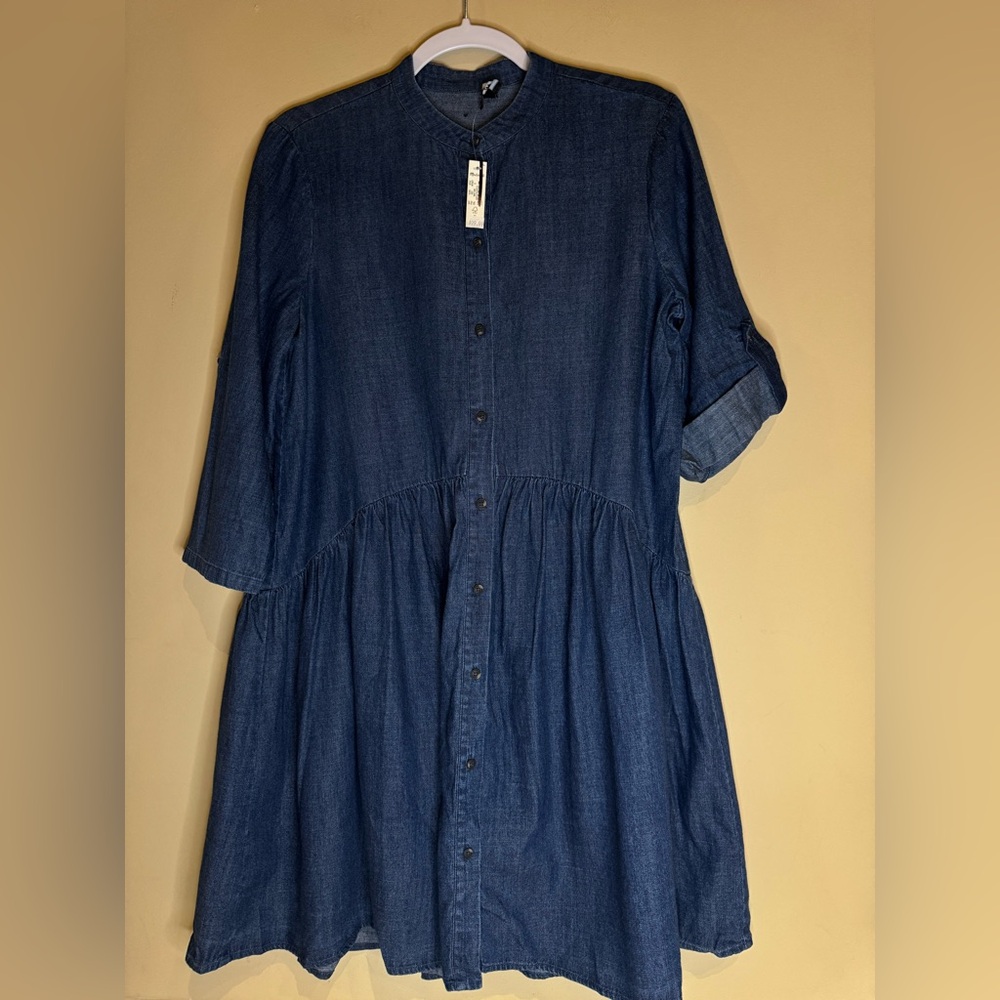MADEWELL Blue button down denim Shirt Dress, band collar, cuffed sleeve